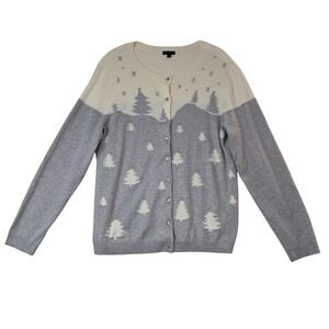 Talbots Cardigan Womens Large Grey Winter Christmas Tree Metallic Cashmere Blend